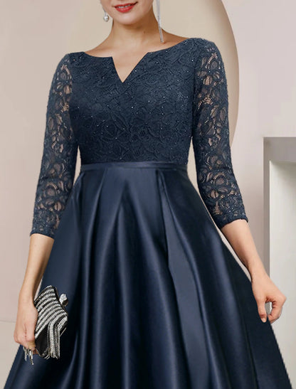 A-Line Mother of the Bride Dress Formal Wedding Guest Elegant High Low Scoop Neck Asymmetrical Tea Length Satin Lace 3/4 Length Sleeve with Pleats Beading