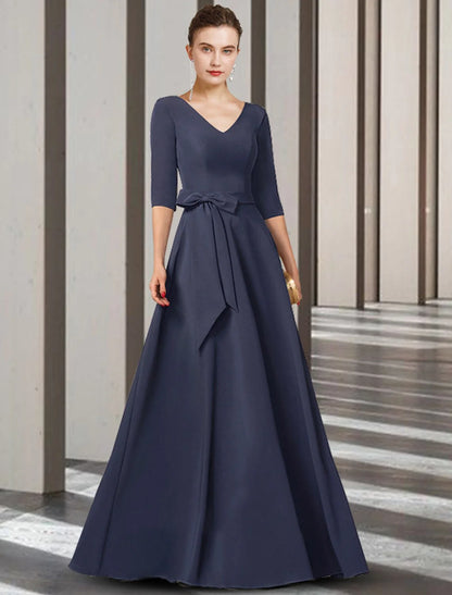 Sheath / Column Mother of the Bride Dress Elegant V Neck Floor Length Stretch Chiffon Half Sleeve with Bow(s) Pleats