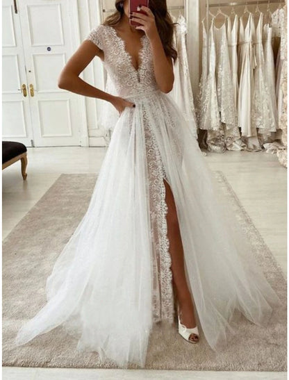 Beach Formal Wedding Dresses A-Line V Neck Short Sleeve Sweep / Brush Train Lace Bridal Gowns With Pleats Split Front