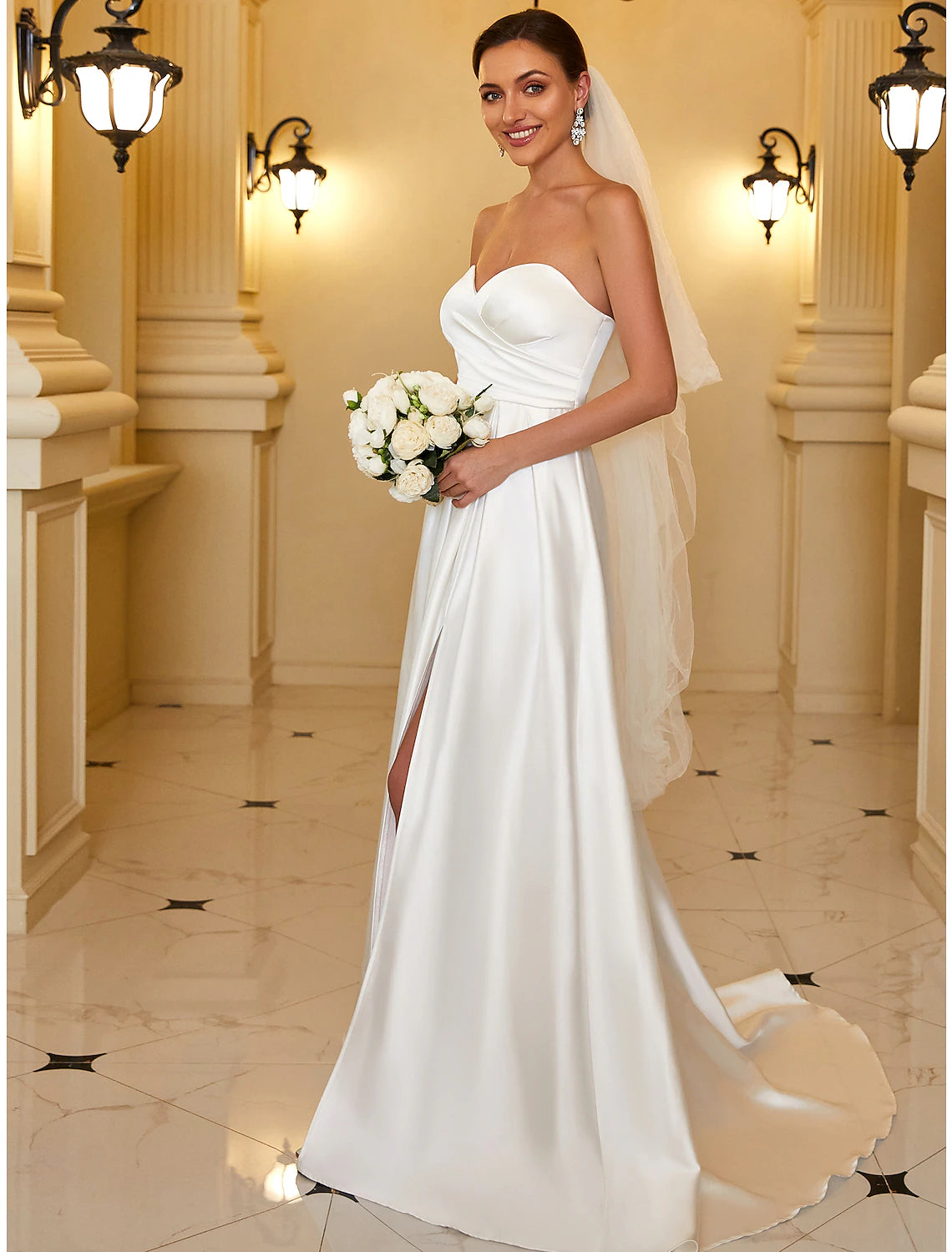 A-Line Evening Gown Minimalist Dress Wedding Guest Floor Length Sleeveless Strapless Satin Backless with Sleek Pure Color