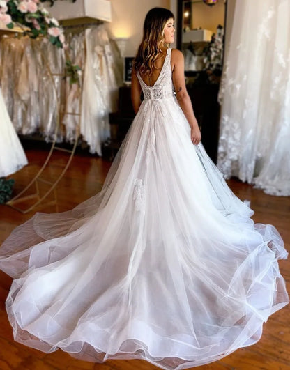 A-Line Appliques V Neck Train Wedding Dress