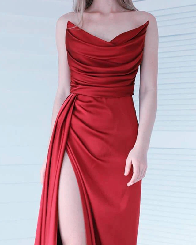 Mermaid Sleeveless Gowns Satin Prom Dress Formal Bridesmaid Dress Evening Gown With Slit Side