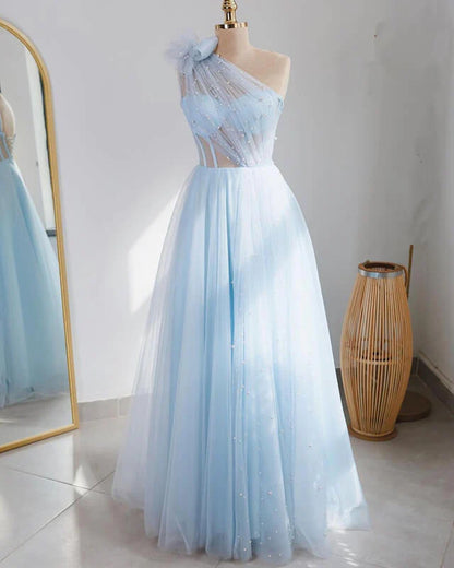 A-line Tulle One Shoulder Prom Dresses