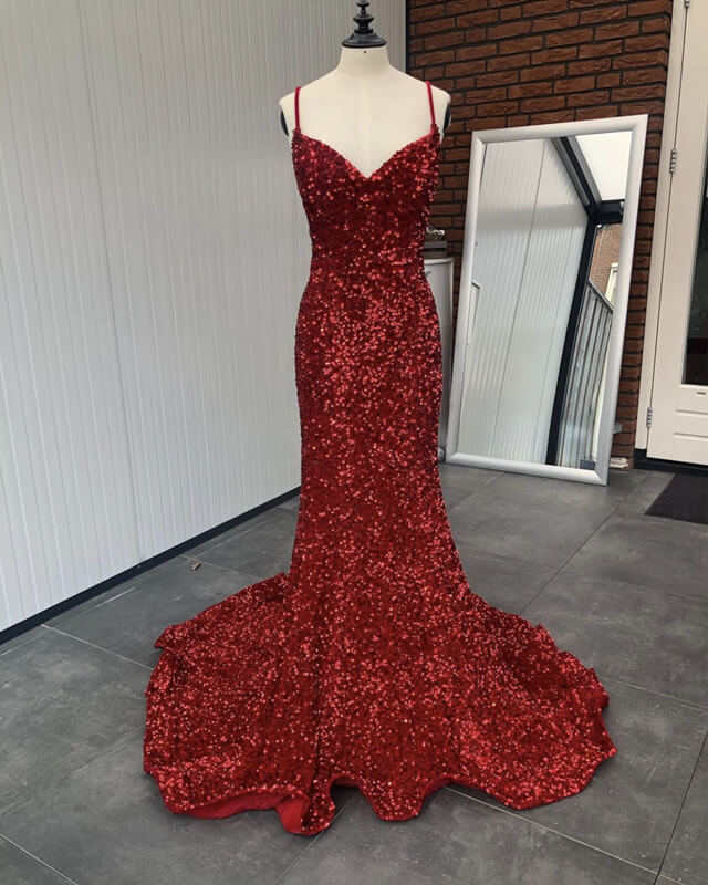 Mermaid Spaghetti Straps Velvet Sequin Prom Dress