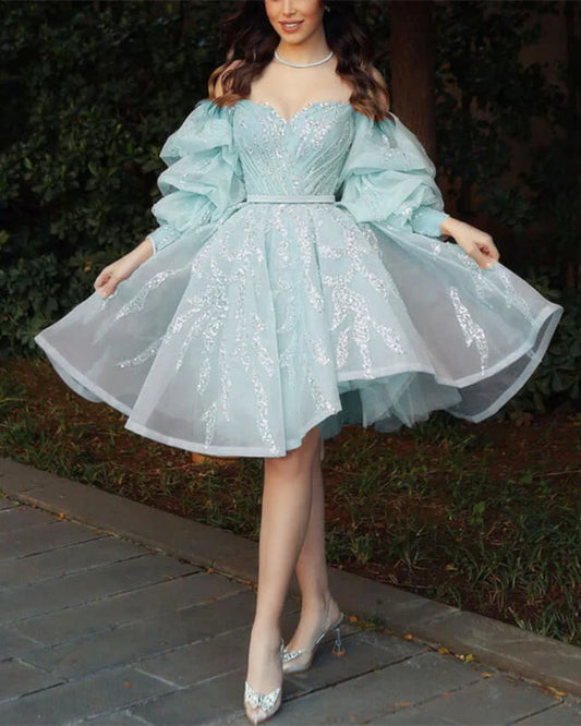 A-line Short Puffy Sleeves Beaded Tulle Homecoming Dresses