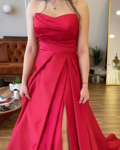 A-line Strapless Satin Split Gown Prom Dresses