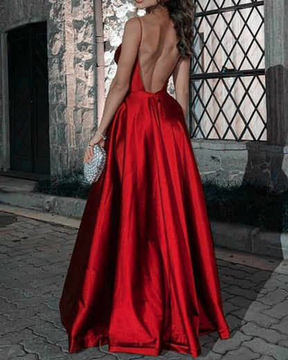 A-line V-neck Open Back Satin Prom Dresses