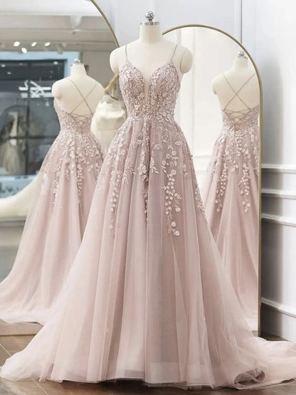 A-Line Tulle Lace Long Prom Dresses