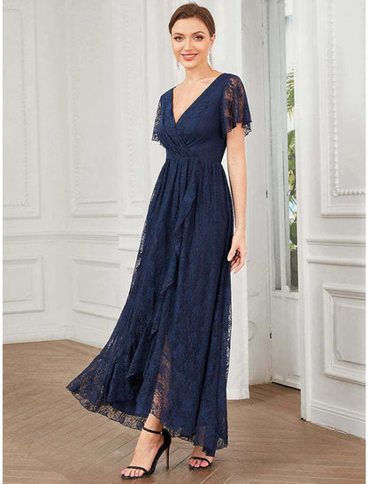 A-Line Wedding Guest Dresses Elegant Dress Holiday Asymmetrical Short Sleeve V Neck Lace with Appliques