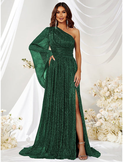 A-Line Wedding Guest Dresses Sparkle Christmas Green Dress Formal Evening Party Sweep / Brush Train Long Sleeve One Shoulder Polyester with Glitter