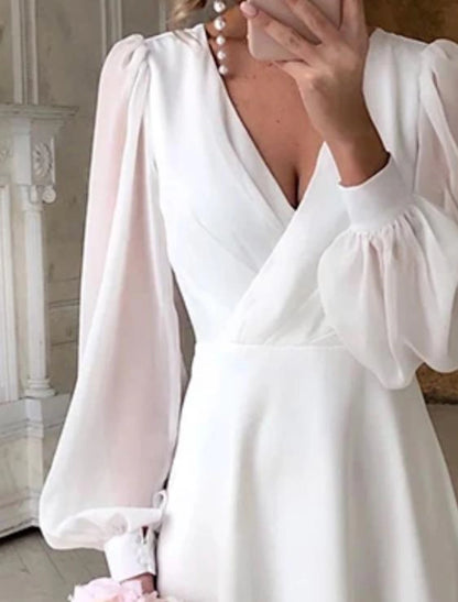 Reception Little White Dresses Wedding Dresses A-Line V Neck Long Sleeve Ankle Length Chiffon Bridal Gowns With Solid Color