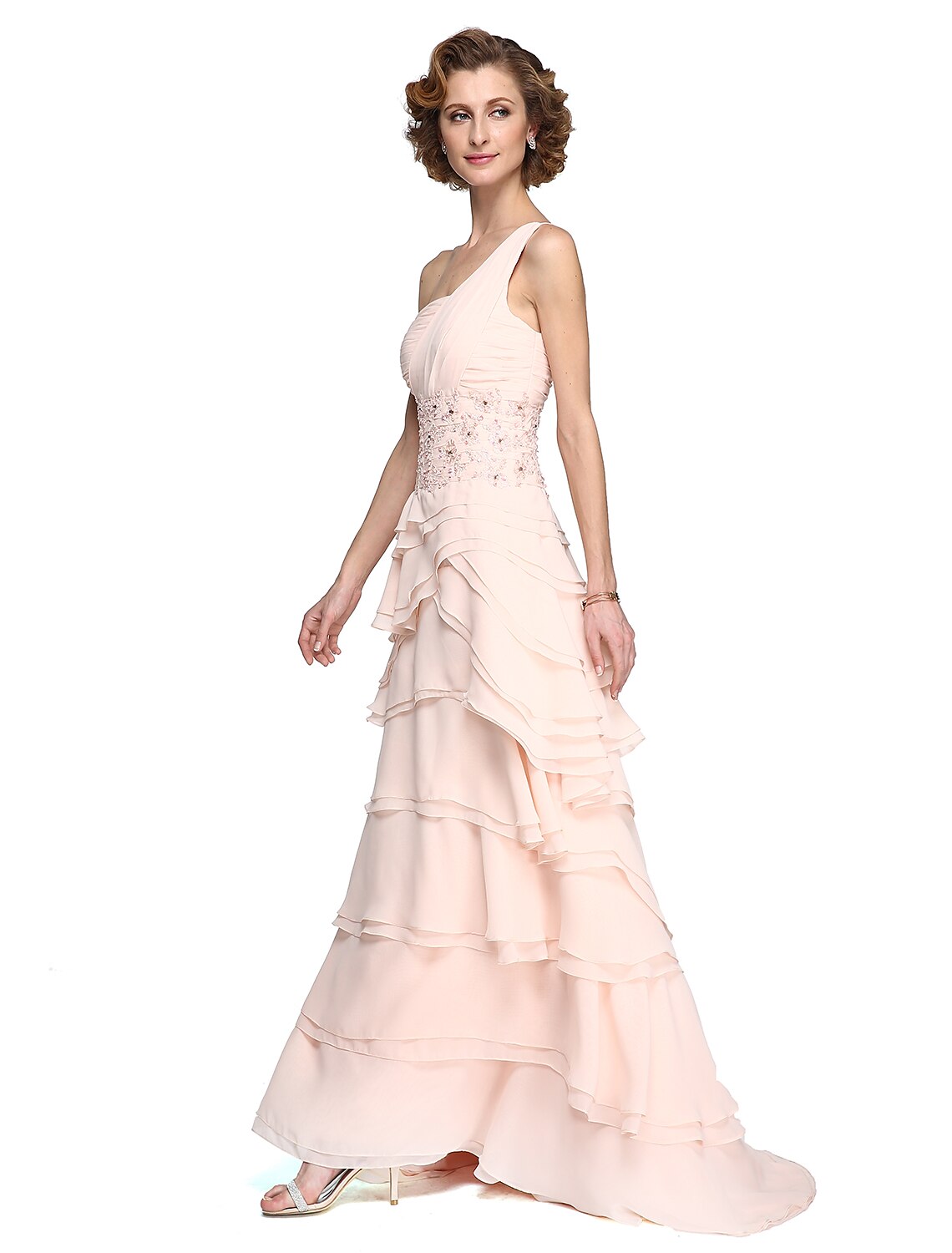 A-Line Mother of the Bride Dress Elegant One Shoulder Floor Length Chiffon Lace Sleeveless No with Pleats Ruched Beading