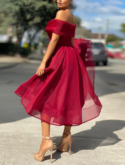 A-Line Cocktail Dresses Vintage Dress Wedding Guest Christmas Red Green Dress Tea Length Sleeveless Off Shoulder Tulle with Pleats