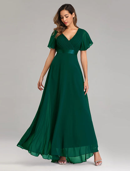 A-Line Prom Dresses Maxi Dress Graduation Floor Length Short Sleeve V Neck Chiffon V Back with Ruched Ruffles