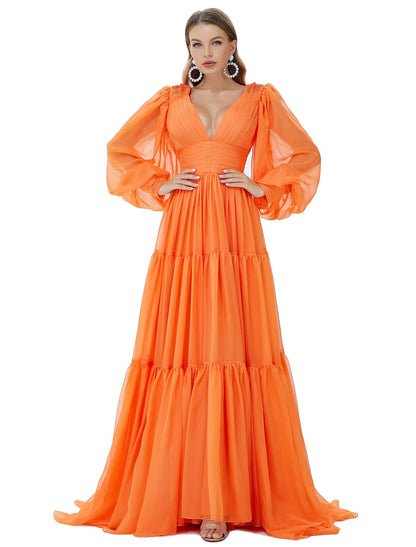 A-Line Evening Gown Sexy Dress Party Wear Sweep / Brush Train Long Sleeve V Neck Chiffon with Ruched