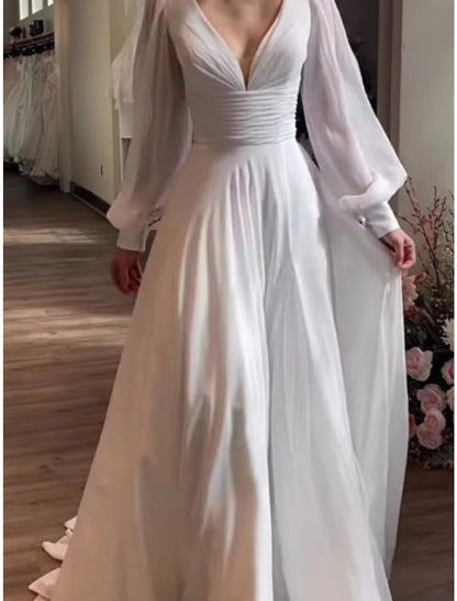 Little White Dresses Wedding Dresses A-Line V Neck Long Sleeve Court Train Chiffon Bridal Gowns With Pleats Ruched