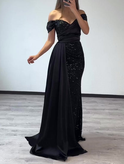 Sheath / Column Evening Gown Elegant Dress Formal Evening Party Floor Length Short Sleeve Off Shoulder Sequined with Glitter Ruched Sequin