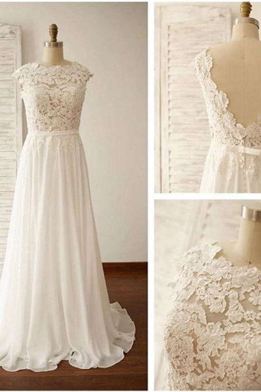 A-Line Scoop Neck V-Back Lace Cap Sleeve Wedding Dress