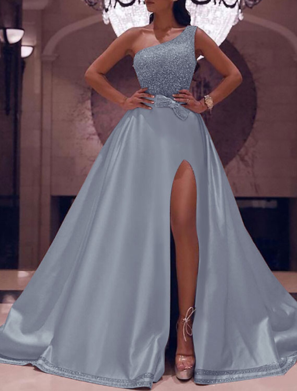 A-Line Prom Dresses Plus Size Dress Wedding Guest Floor Length Sleeveless One Shoulder Satin with Bow(s) Sequin Slit