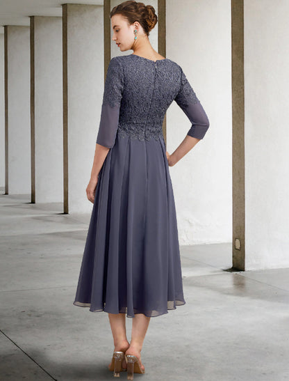 A-Line Mother of the Bride Dress Plus Size Elegant V Neck Tea Length Chiffon Lace 3/4 Length Sleeve with Ruffles Appliques