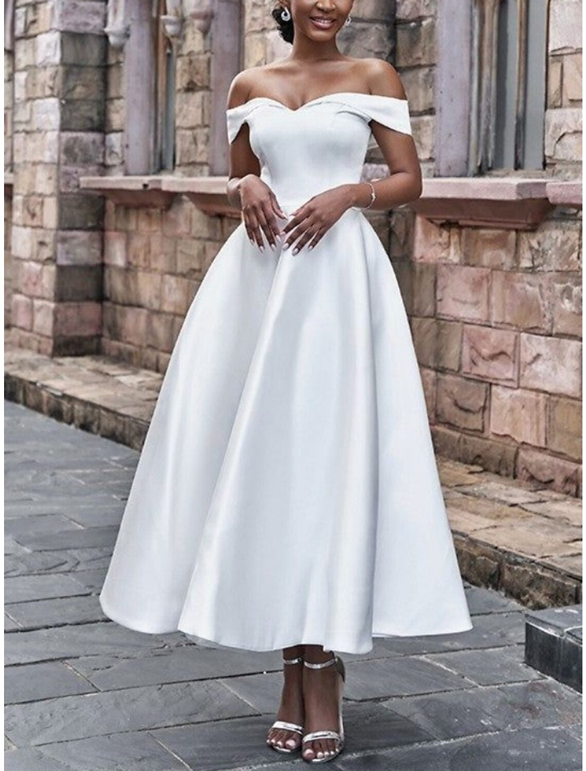 Hall Little White Dresses Wedding Dresses A-Line Off Shoulder Short Sleeve Ankle Length Satin Bridal Gowns With Pleats Solid Color