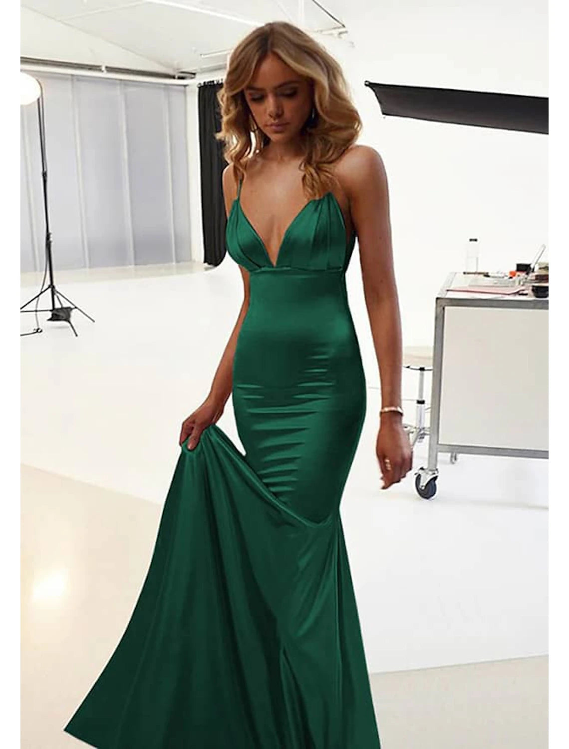 Mermaid / Trumpet Wedding Guest Dresses Sexy Dress Prom Floor Length Sleeveless Spaghetti Strap Cotton Backless with Ruched