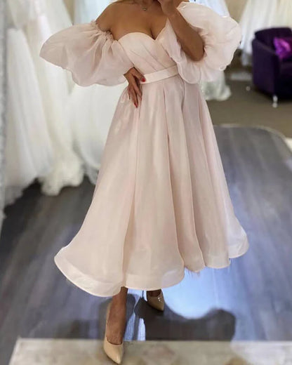 A-line Puffy Sleeves Tulle Midi Dresses Prom Dresses