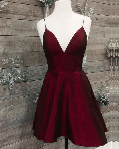 A-line Short Satin V-neck Dress Homecoming Dresses