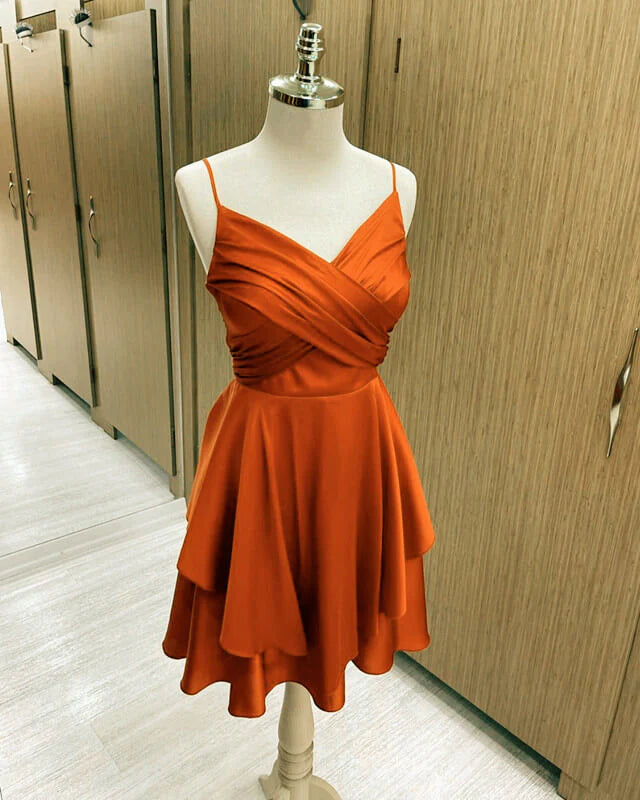 A-line Short Satin V-neck Homecoming Dresses