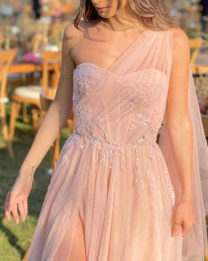 A-line Tulle One Shoulder Split Corset Dress Prom Dresses