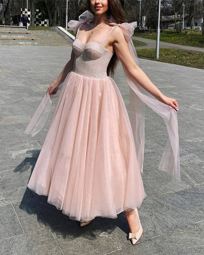 A-line Tulle Ankle Length Dress With Sparkly Corset Prom Dresses