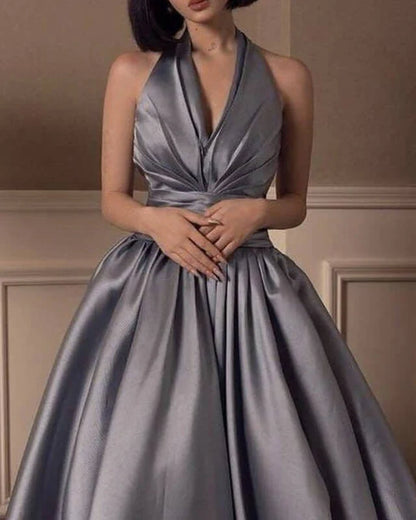 A-line Halter Ball Gown Satin Prom Dresses