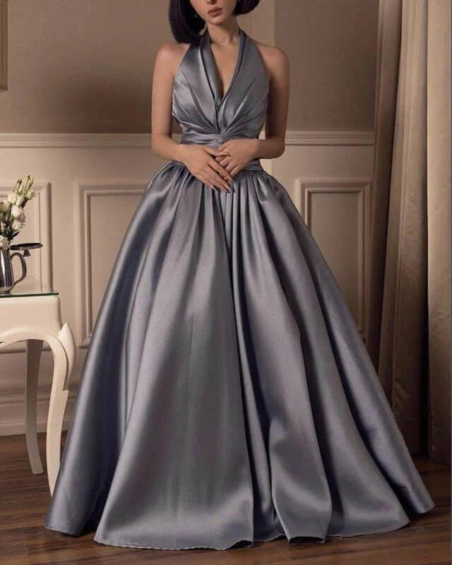 A-line Halter Ball Gown Satin Prom Dresses