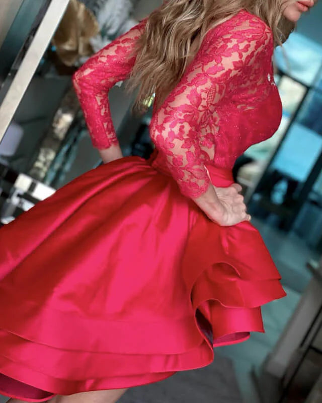 A-line Sleeve Ruffles Satin Lace Long Prom Dresses