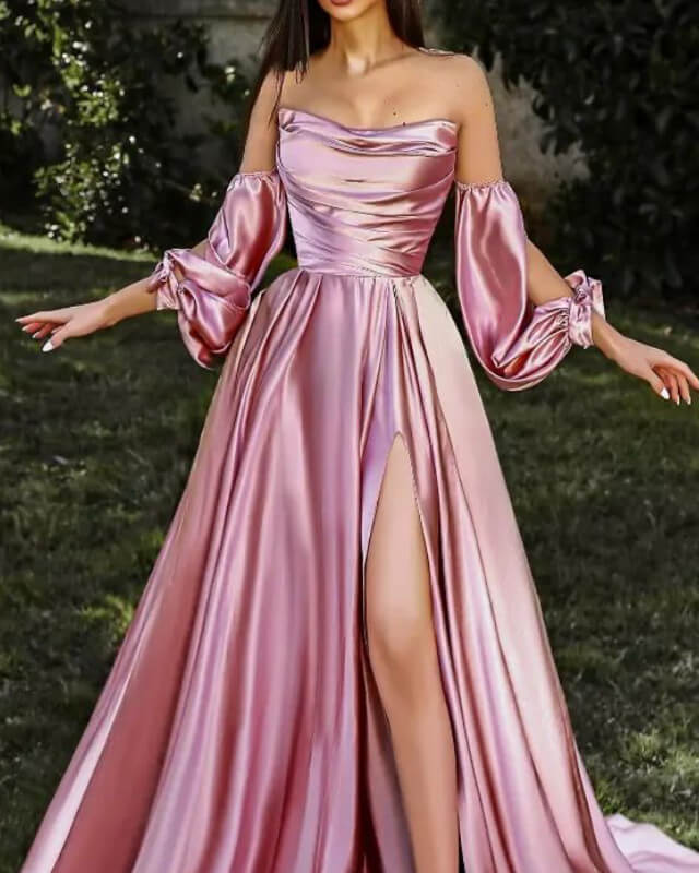 Strapless Removable Satin Long Prom Dresses With Slit