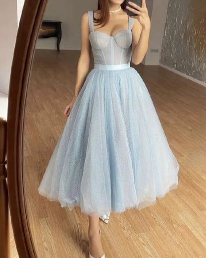 A-line Tulle Midi Corset Prom Dresses