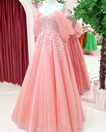 A-line Tulle Off Shoulder Appliques Prom Dresses