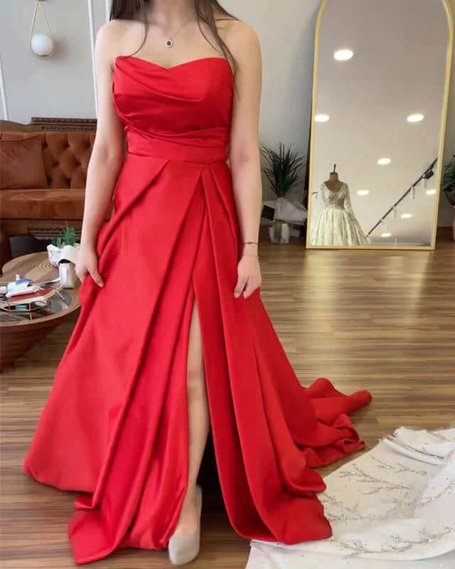 A-line Strapless Satin Split Gown Prom Dresses