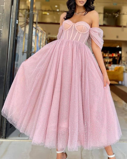 A-line Beaded Tulle Corset Midi Dress Prom Dresses