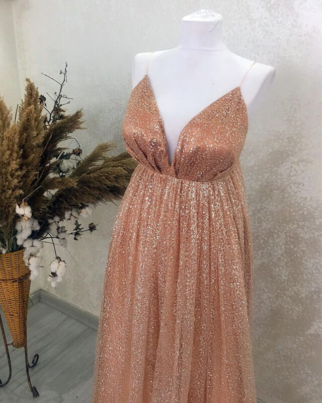 A-line Sparkly Plunging Neck Open Back Dress Prom Dresses