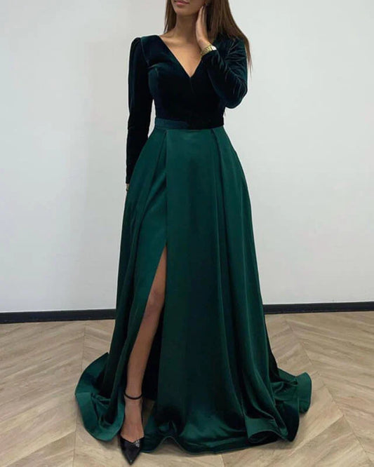 A-line Velvet Long Sleeve Satin Prom Dresses With Split