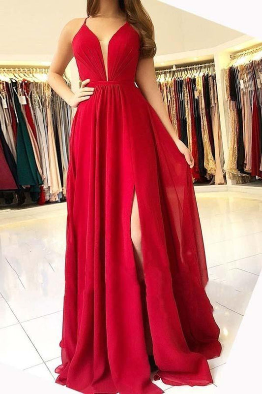 A-line Sexy Chiffon Halter Side Slit Long Evening Prom Dresses