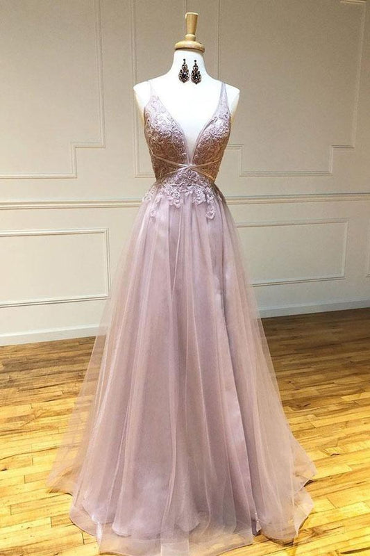 A-Line Sexy Deep V-neck Appliques Tulle Long Prom Dress