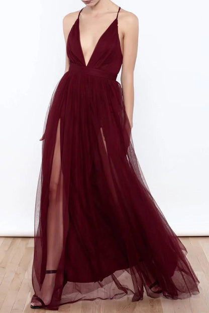 Deep V Neck Tulle High Slit Prom Dresses Dresses