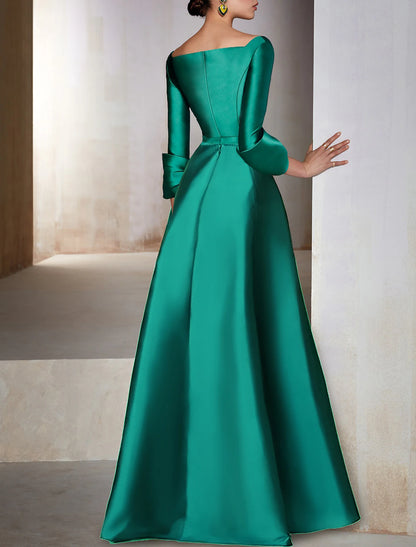 A-Line Evening Gown Elegant Dress Christmas Red Green Dress Formal Wedding Guest Floor Length 3/4 Length Sleeve V Neck Satin with Bow(s)