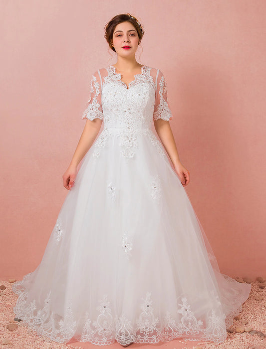 Hall Wedding Dresses A-Line V Neck Half Sleeve Cathedral Train Satin Bridal Gowns With Lace Crystals