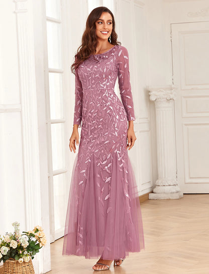 Mermaid / Trumpet Evening Gown Elegant Dress Prom Floor Length Long Sleeve Jewel Neck Tulle with Embroidery