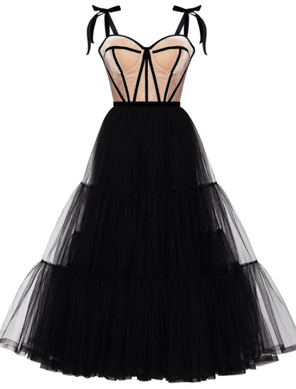 A-Line Cocktail Dresses Party Dress Cocktail Party Formal Evening Tea Length Sleeveless Sweetheart Wednesday Addams Family Tulle with Pleats Tiered