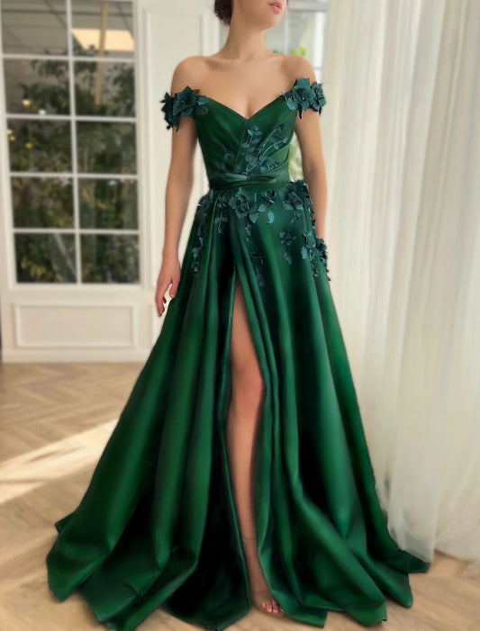 Ball Gown Prom Dresses Luxurious Dress Christmas Red Green Dress Wedding Party Floor Length Short Sleeve Off Shoulder Satin with Slit Appliques