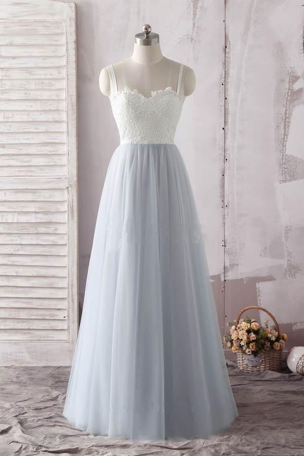 Simple Spaghetti Straps Sweetheart Lace Blue Tulle Prom Dress